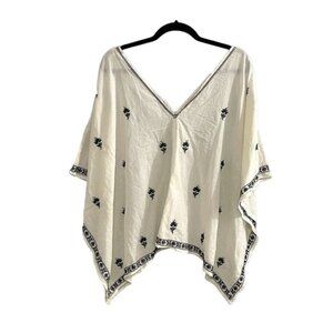 MEMOVE Cotton Embroidered V-Neck Popover Blouse White Blue 38